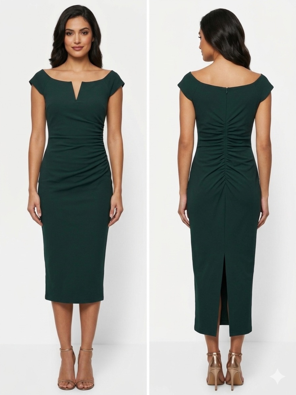 Xscape Dark Green Off-The-Shoulder Ruched Midi Cap-Sleeve Sheath Dress Sz 14